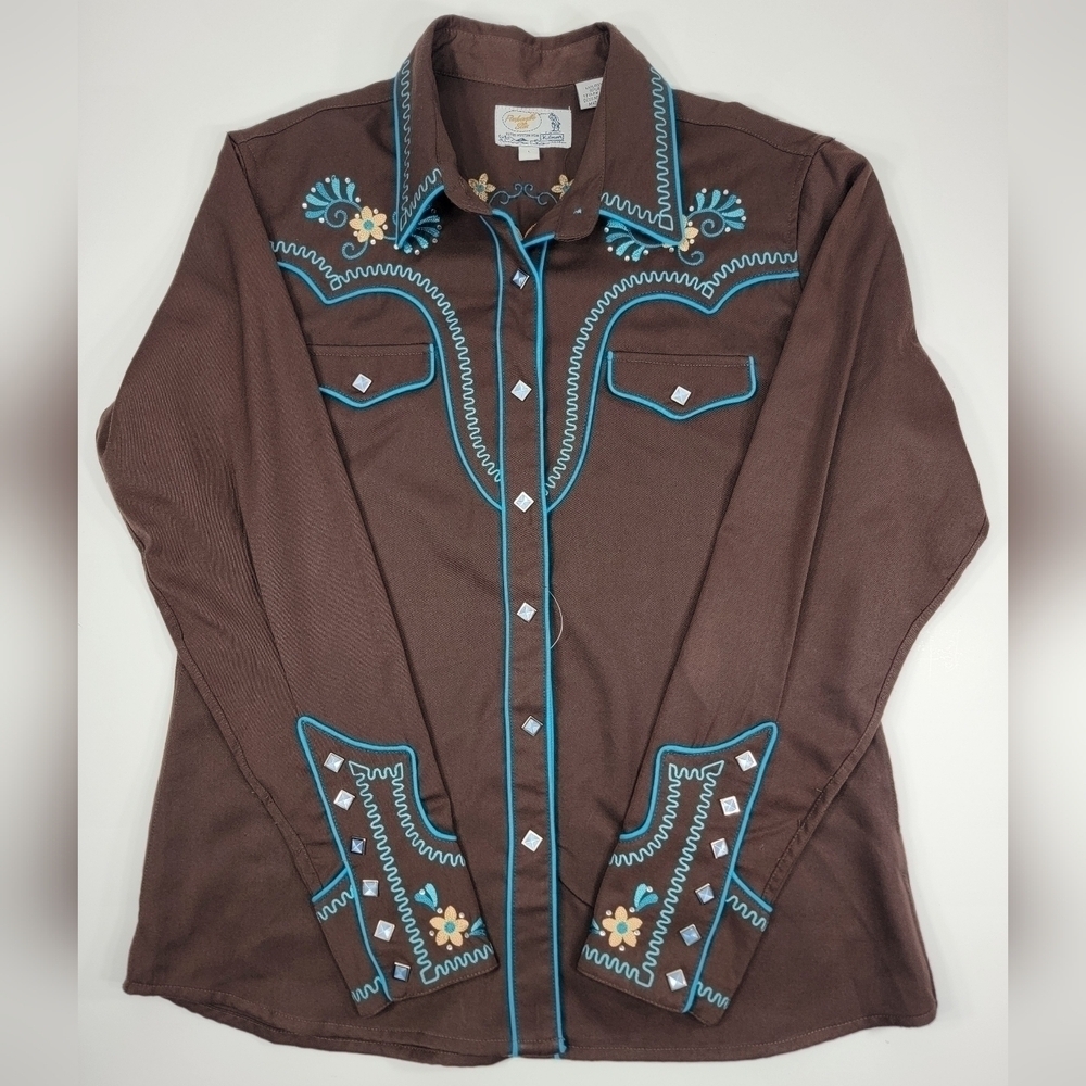 Vintage Panhandle Slim Pearl Snap Embroidered Brown Floral Western Womens L NWOT